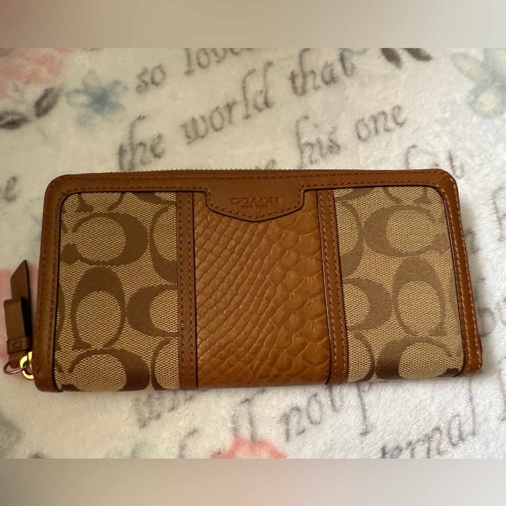 Coach Brown Signature Canvas and Leather Zip Wallet